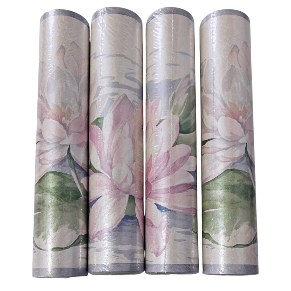 4 Rolls Vintage Wallpaper Border New Waterlily Lotus Pink Blue Floral Cottage